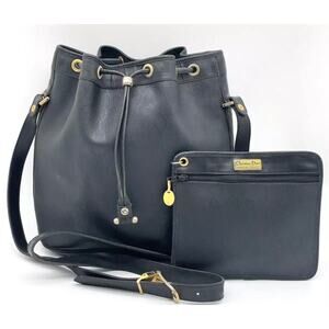 Authentic Christian DIOR Honeycomb Black Drawstring Bucket Bag Purse W/ Pouch